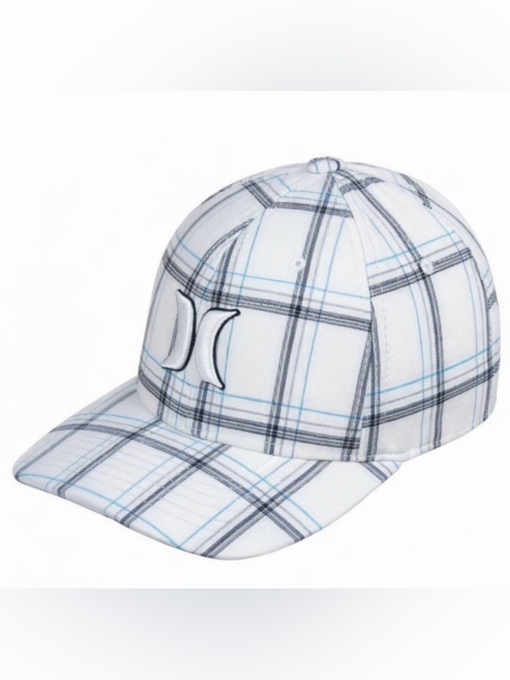 Hurley FlexFit Plaid Fitted Hat White Gray Blue Yupoong Stretch Cap